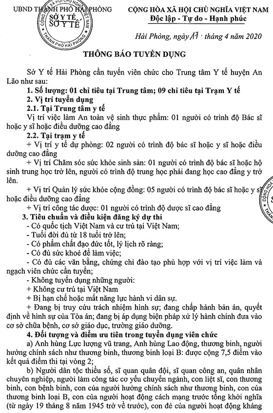 Trung tâm Y tế huyện An Lão, TP.Hải Phòng tuyển dụng viên chức năm 2020